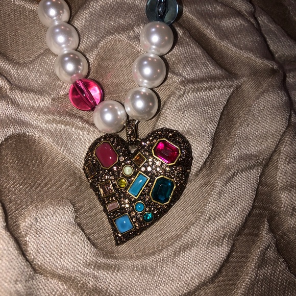 Kurt Geiger Jewelry - Kurt Geiger Pearl Necklace with Multicolor Gem Heart Pendant